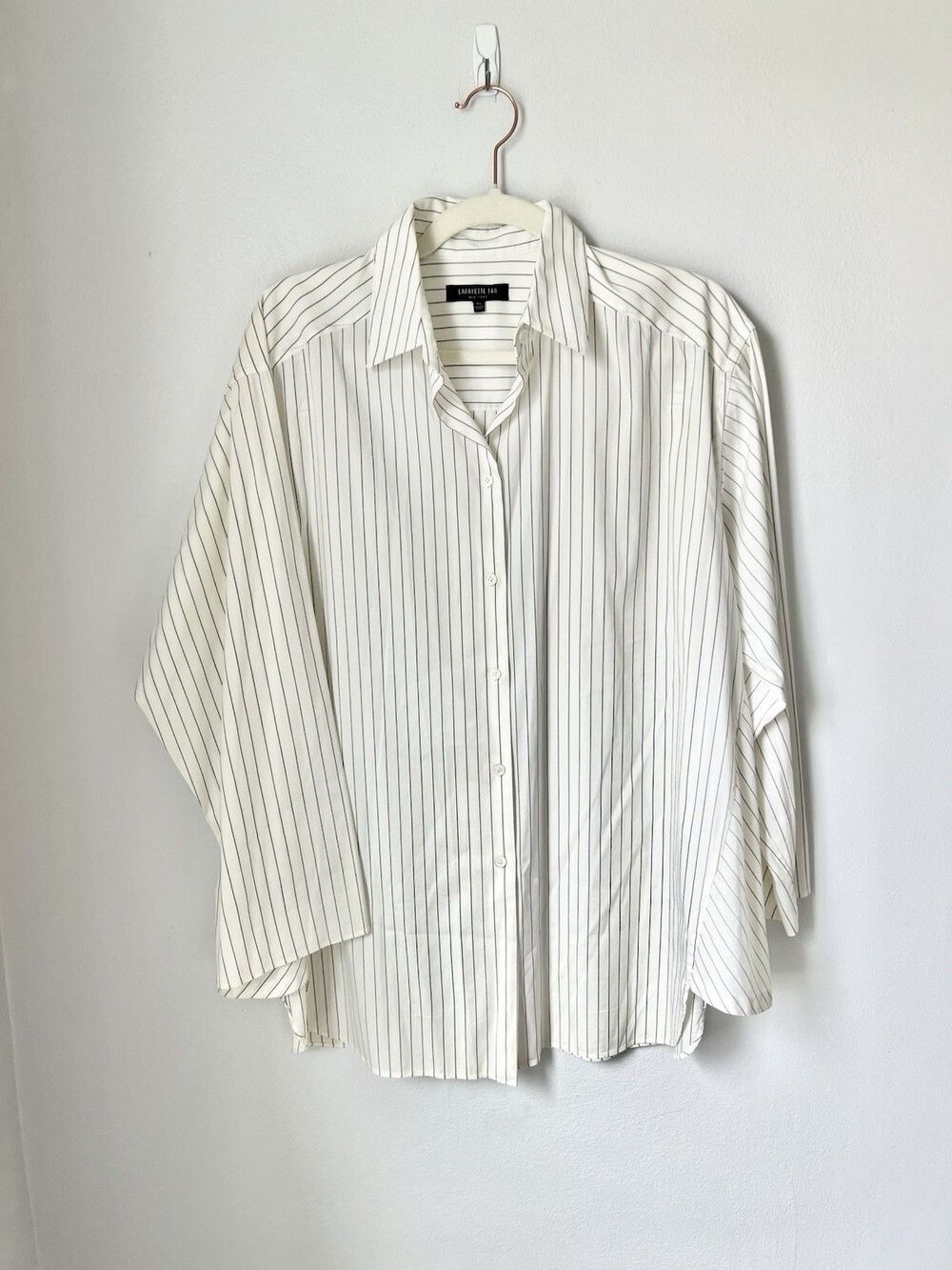 Lafayette 148 Tunic Blouse M/L White Stripe Button Down Lagenlook Artsy Modern - Picture 2 of 16